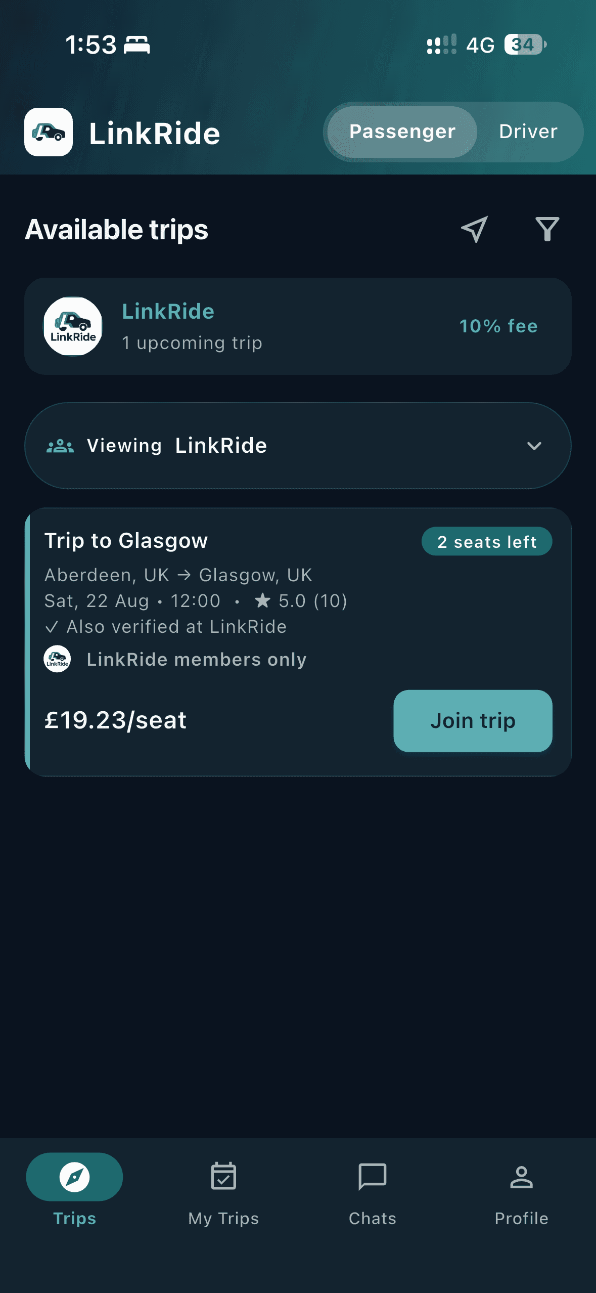 LinkRide app showing an available Aberdeen to Glasgow trip, 2 seats left at £19.23 a seat