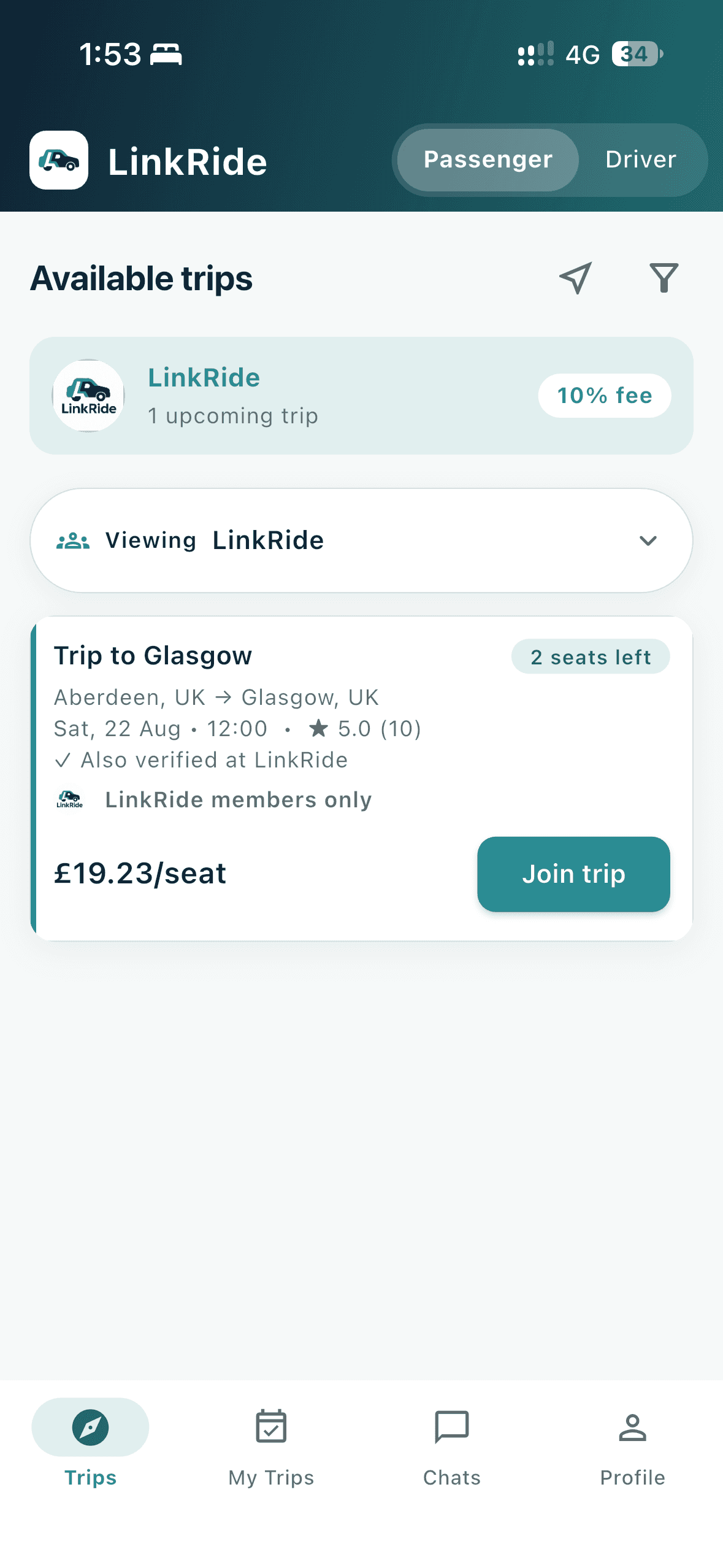 LinkRide app showing an available Aberdeen to Glasgow trip, 2 seats left at £19.23 a seat