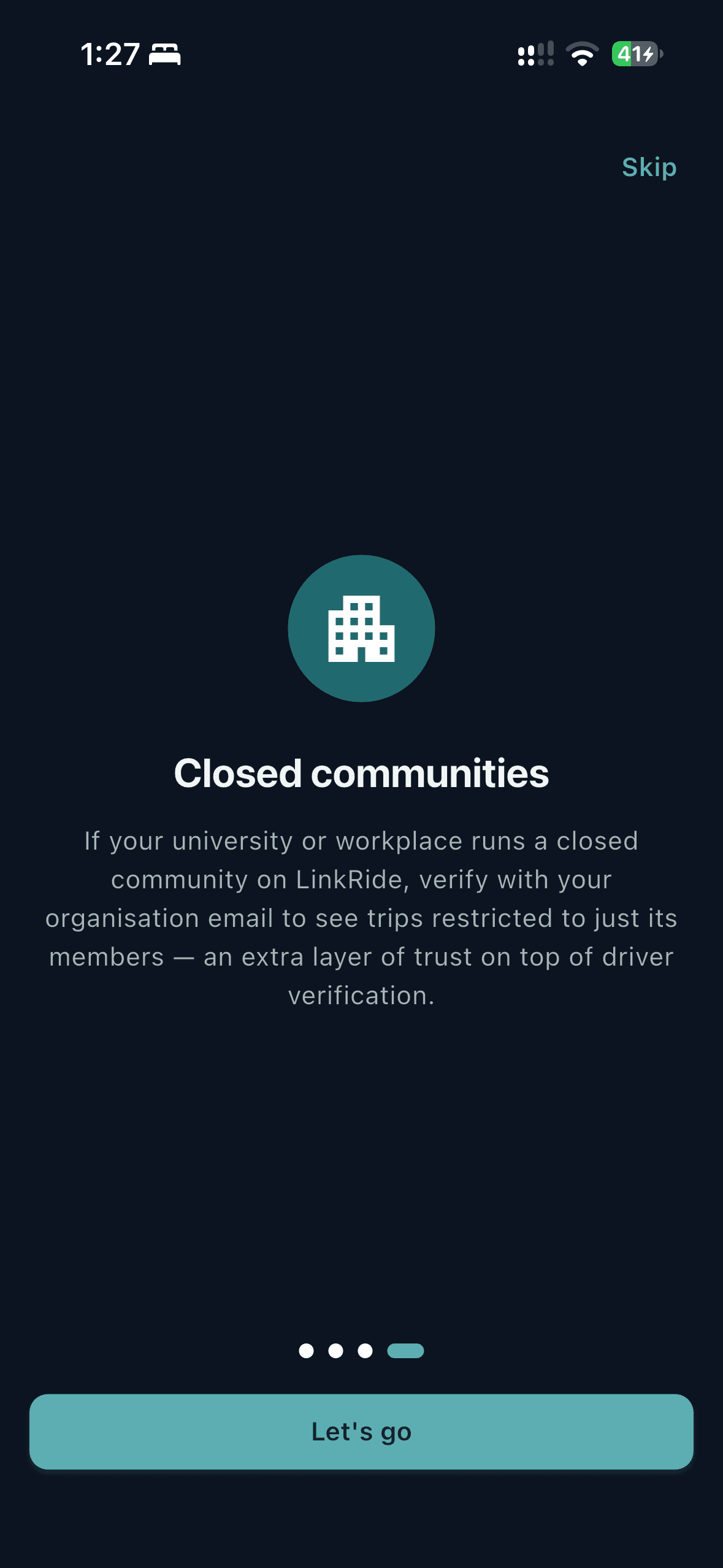 LinkRide onboarding screen introducing closed communities for universities and workplaces