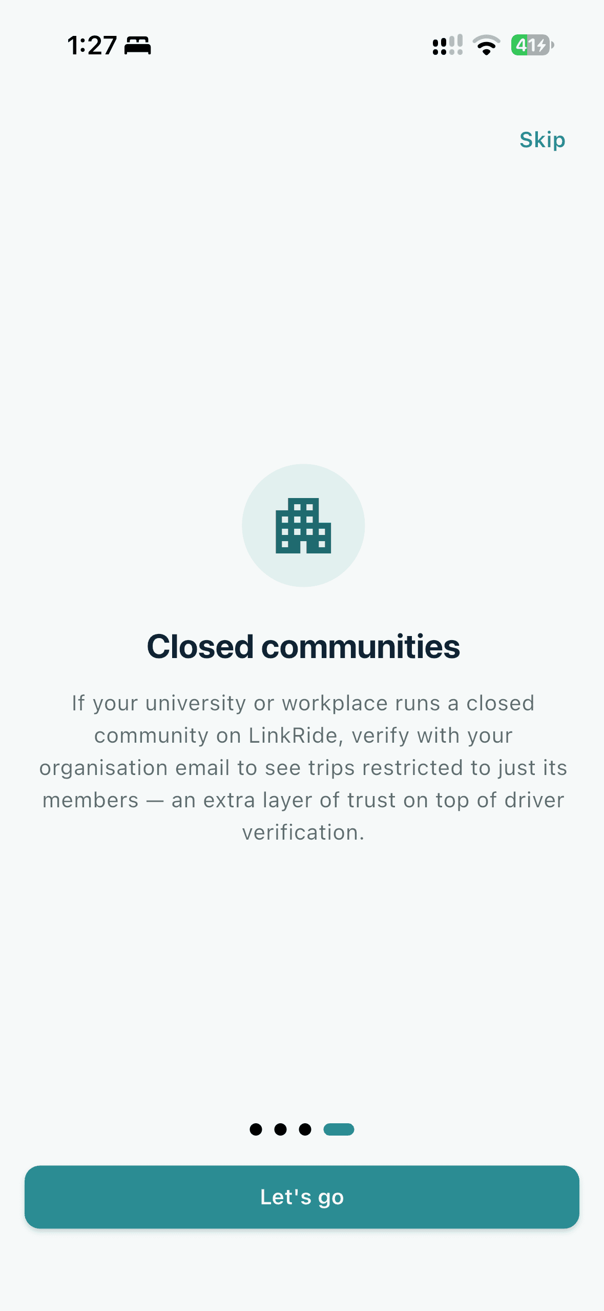 LinkRide onboarding screen introducing closed communities for universities and workplaces