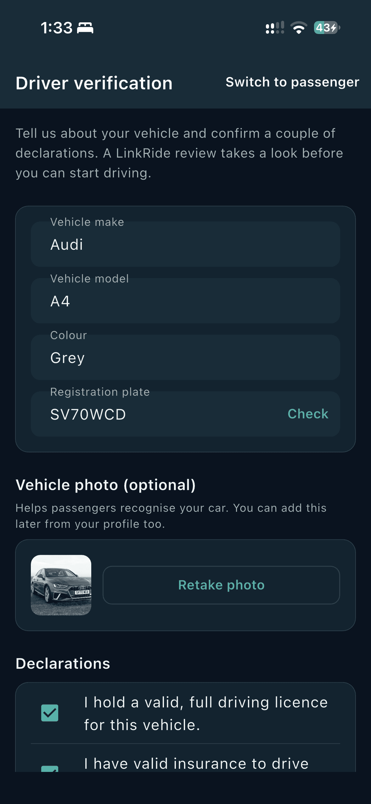 LinkRide driver verification with vehicle details, photo, and licence declarations