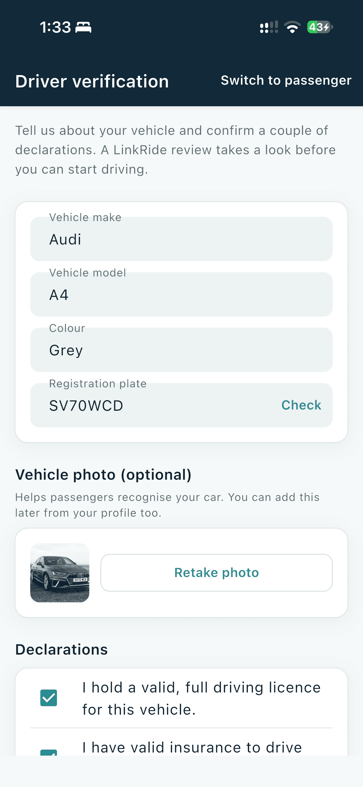 LinkRide driver verification with vehicle details, photo, and licence declarations
