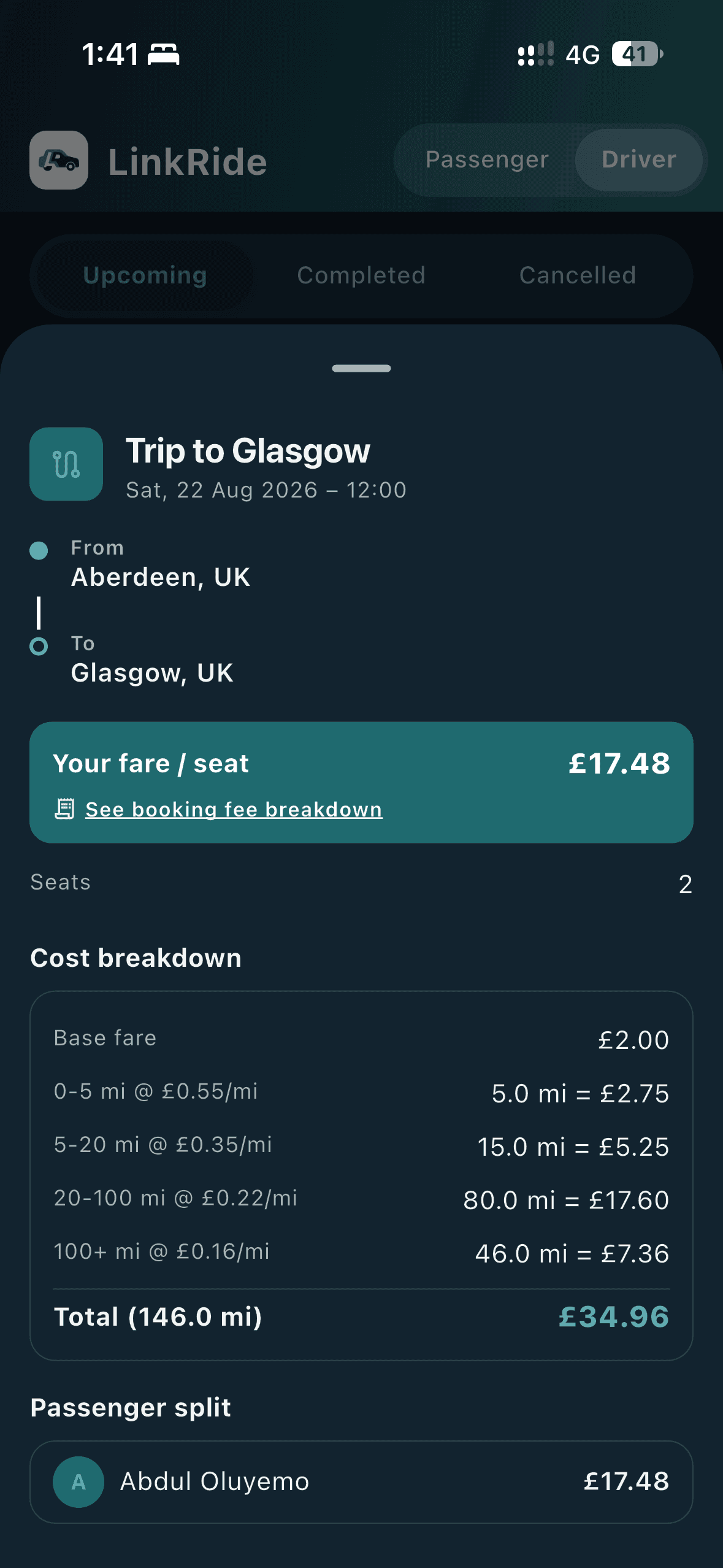 LinkRide app showing a full cost breakdown: base cost plus distance bands totalling £34.96 for a 146 mile trip