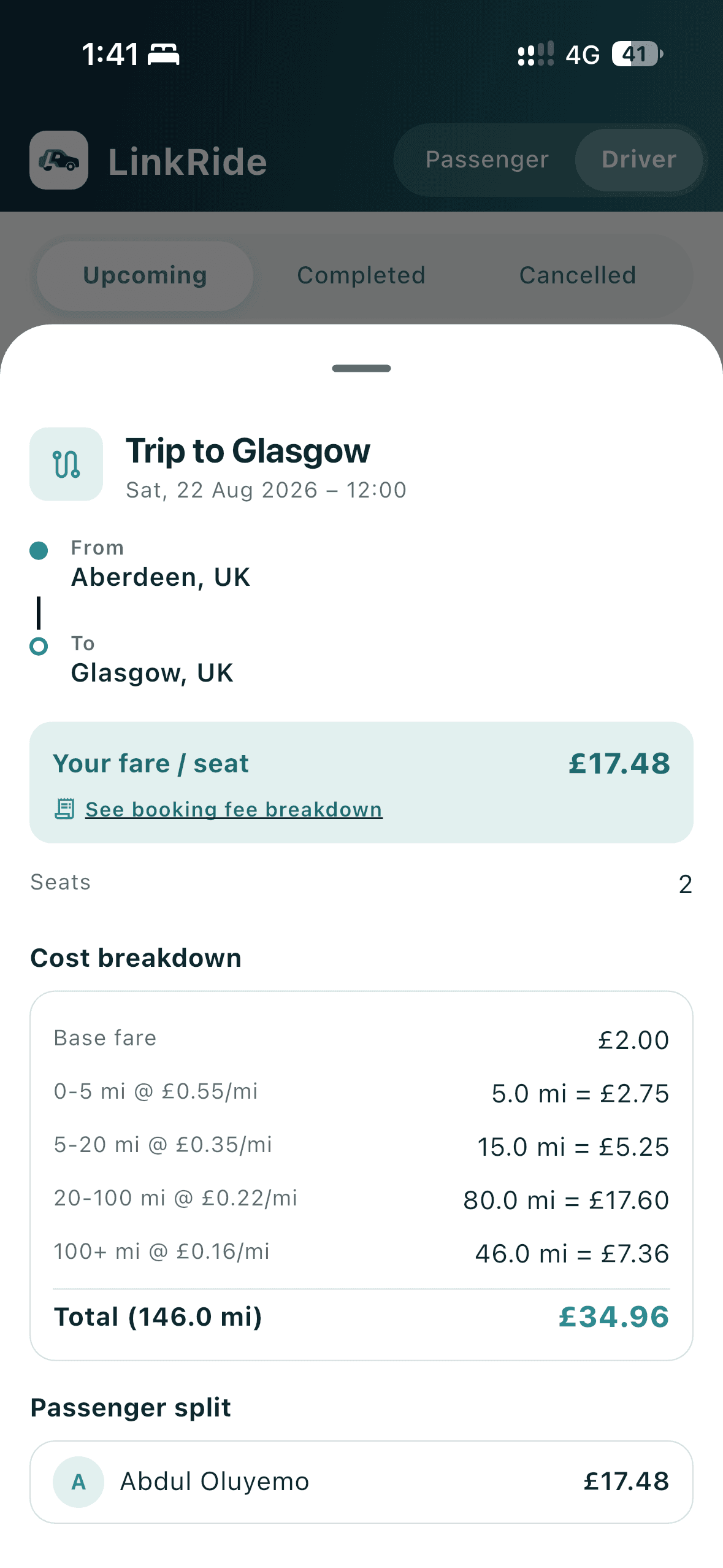 LinkRide app showing a full cost breakdown: base cost plus distance bands totalling £34.96 for a 146 mile trip
