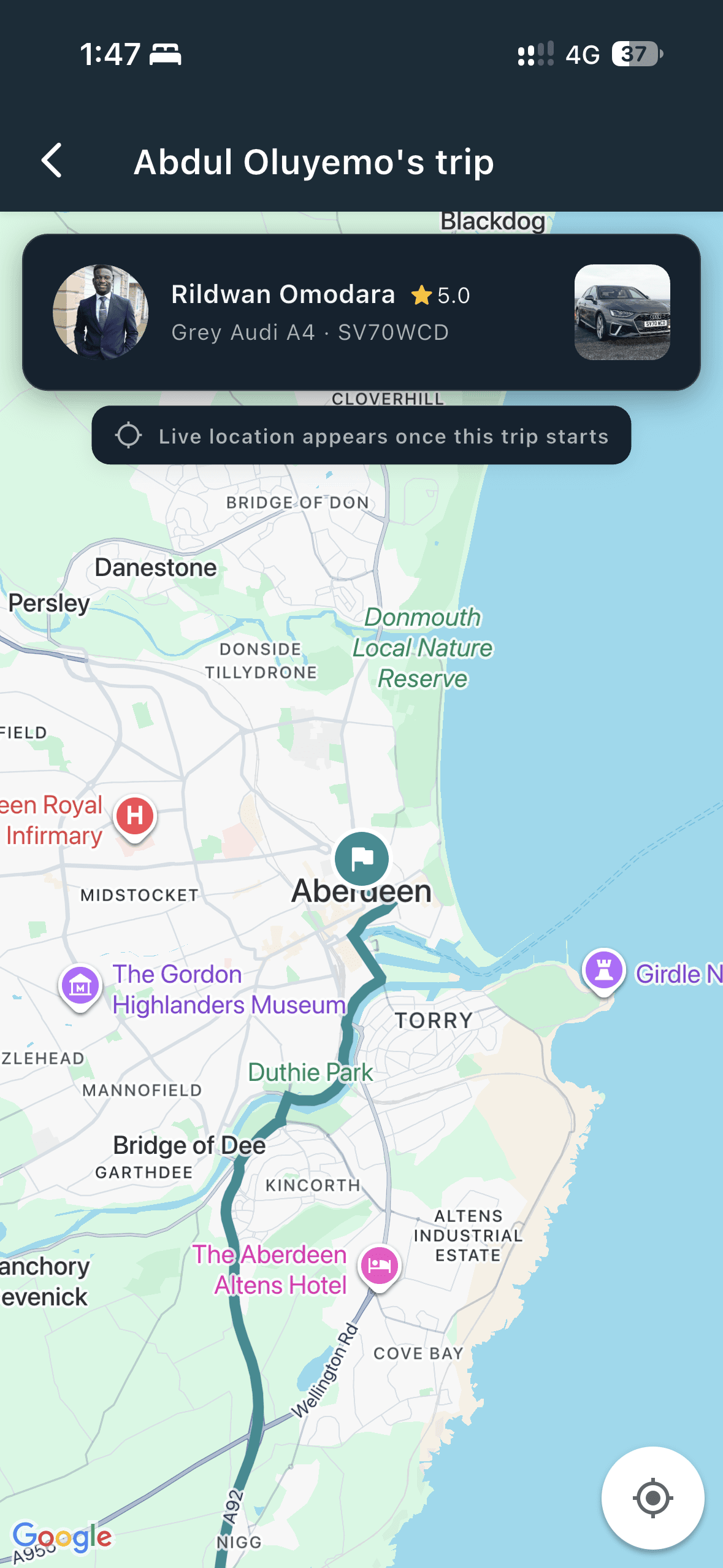 LinkRide live trip tracking with driver and vehicle details
