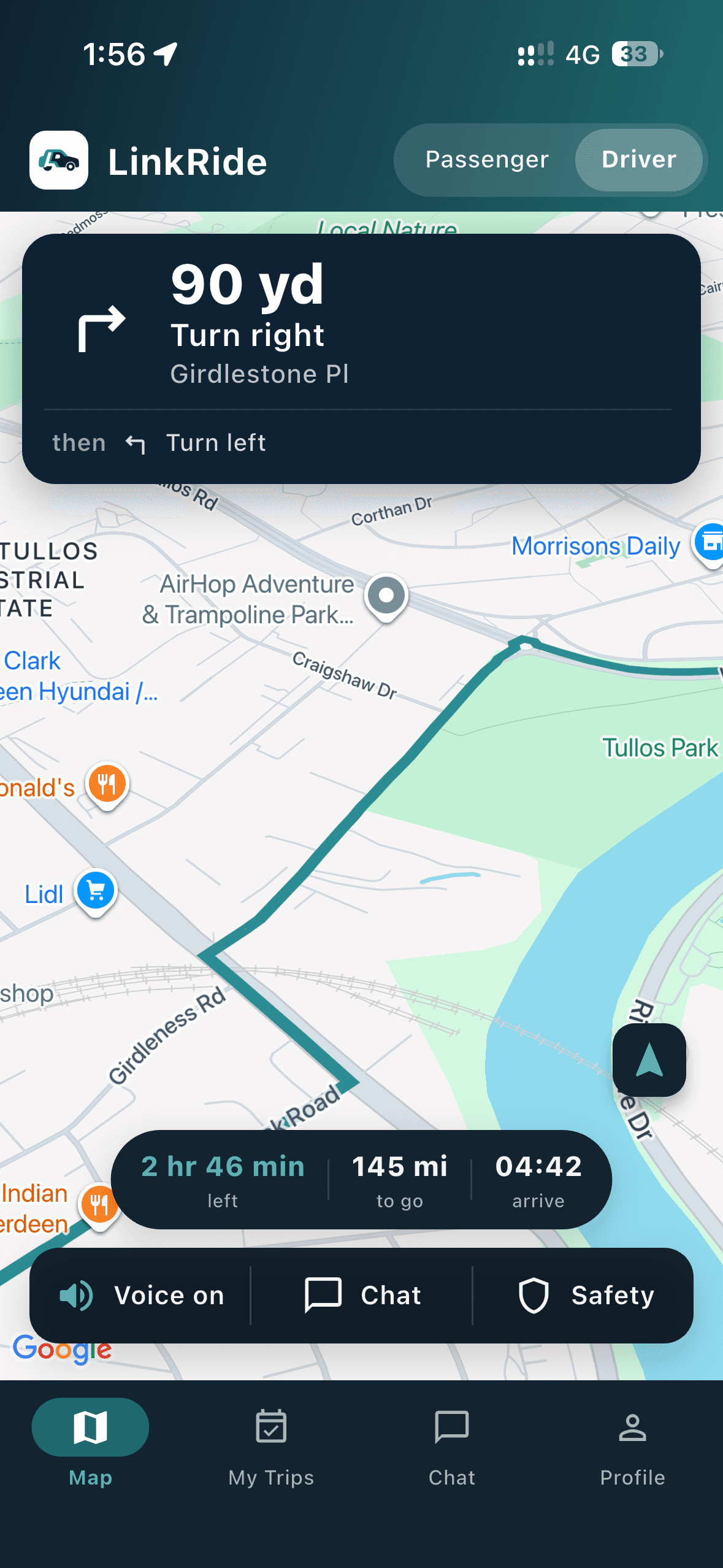 LinkRide turn-by-turn navigation on a live map