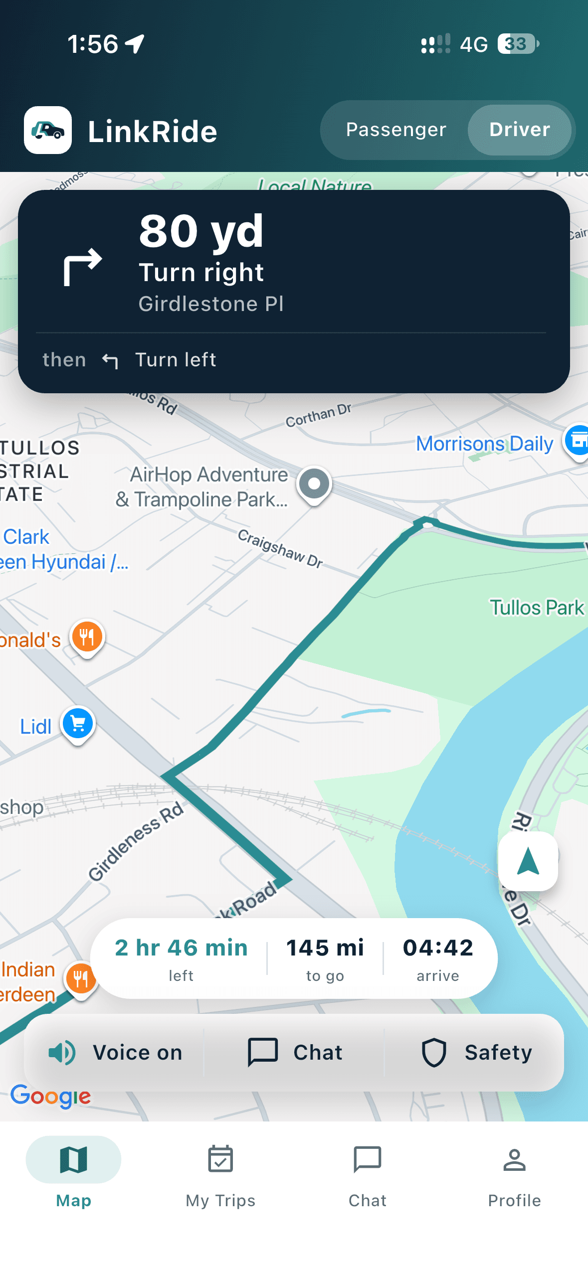 LinkRide turn-by-turn navigation on a live map