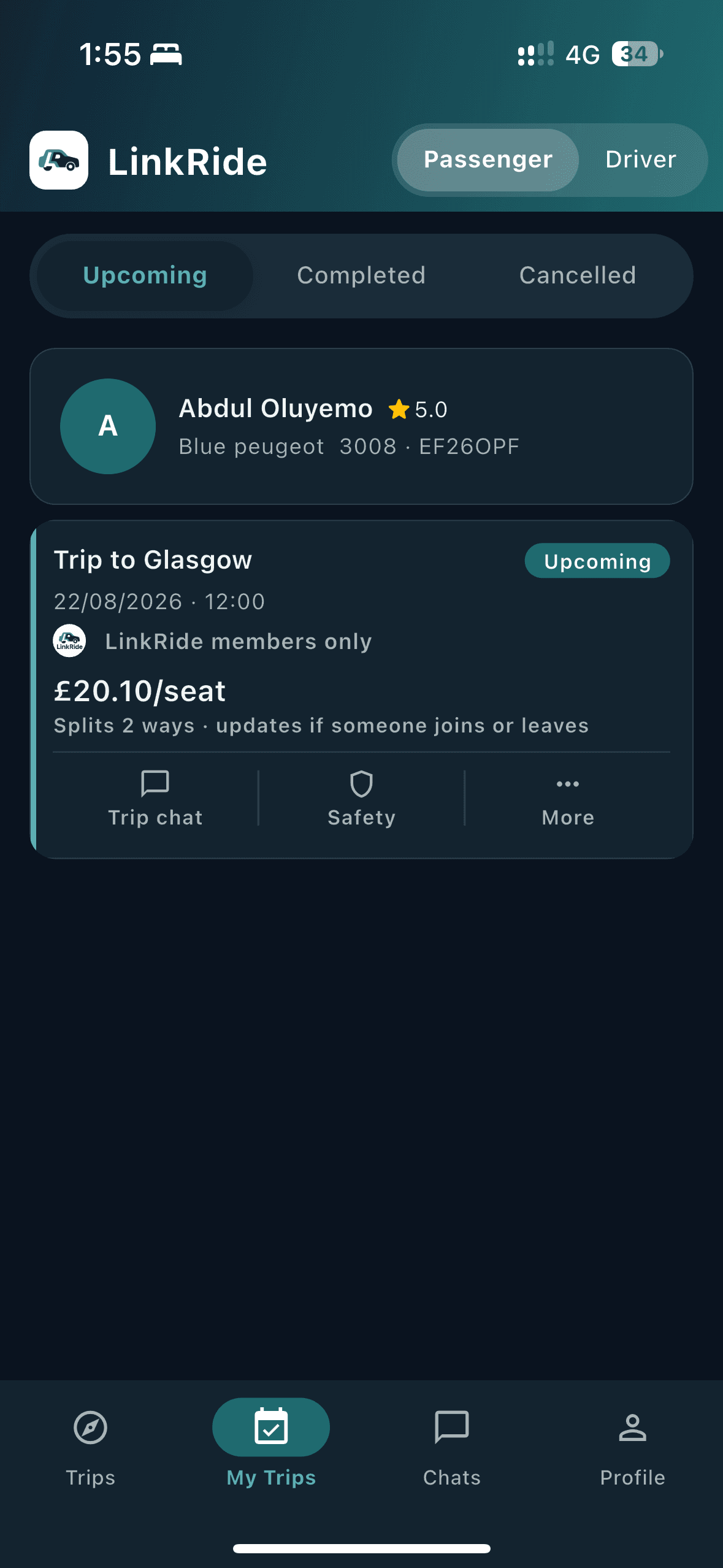 Passenger My Trips screen showing an upcoming Glasgow trip with the driver and seat price