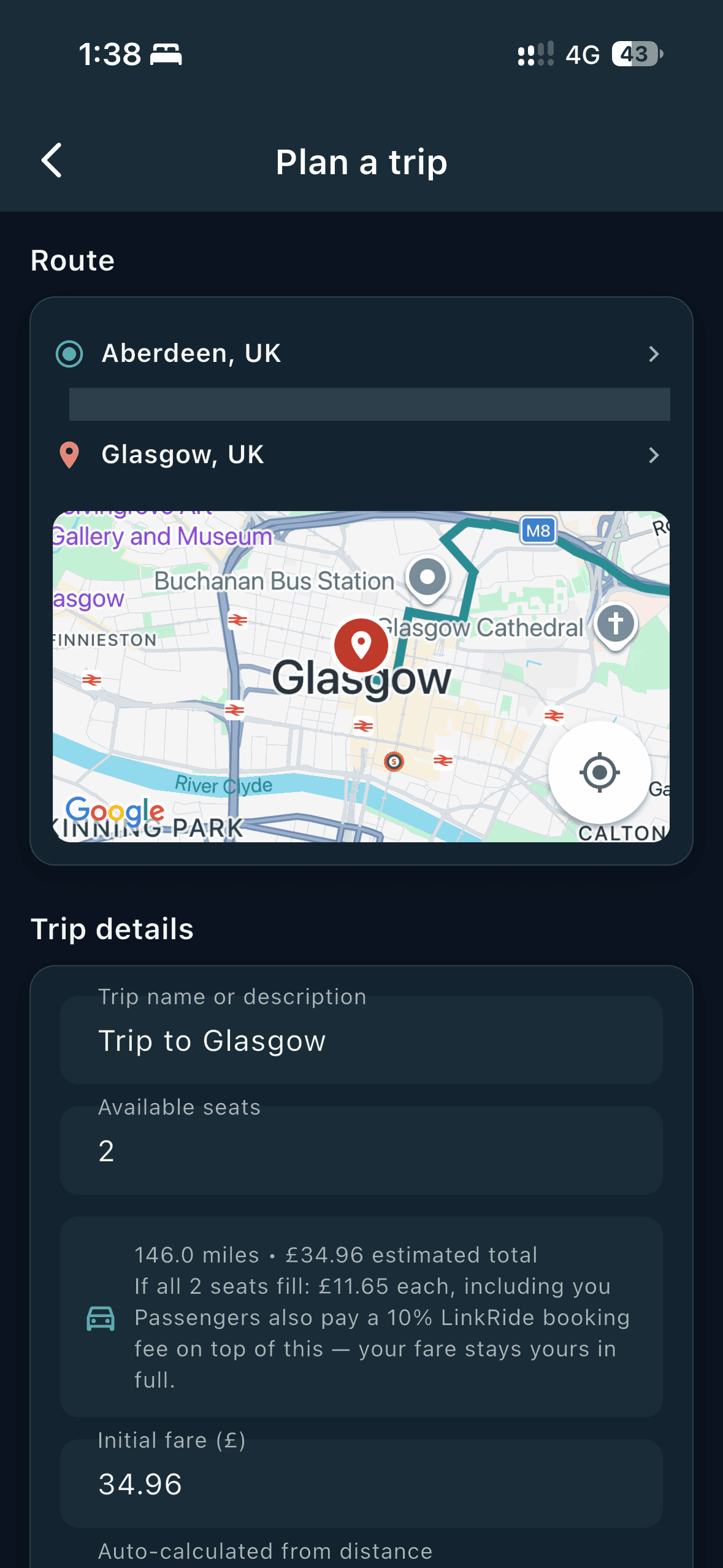 LinkRide trip creation screen with Aberdeen to Glasgow route, two seats, and an auto-calculated £34.96 total
