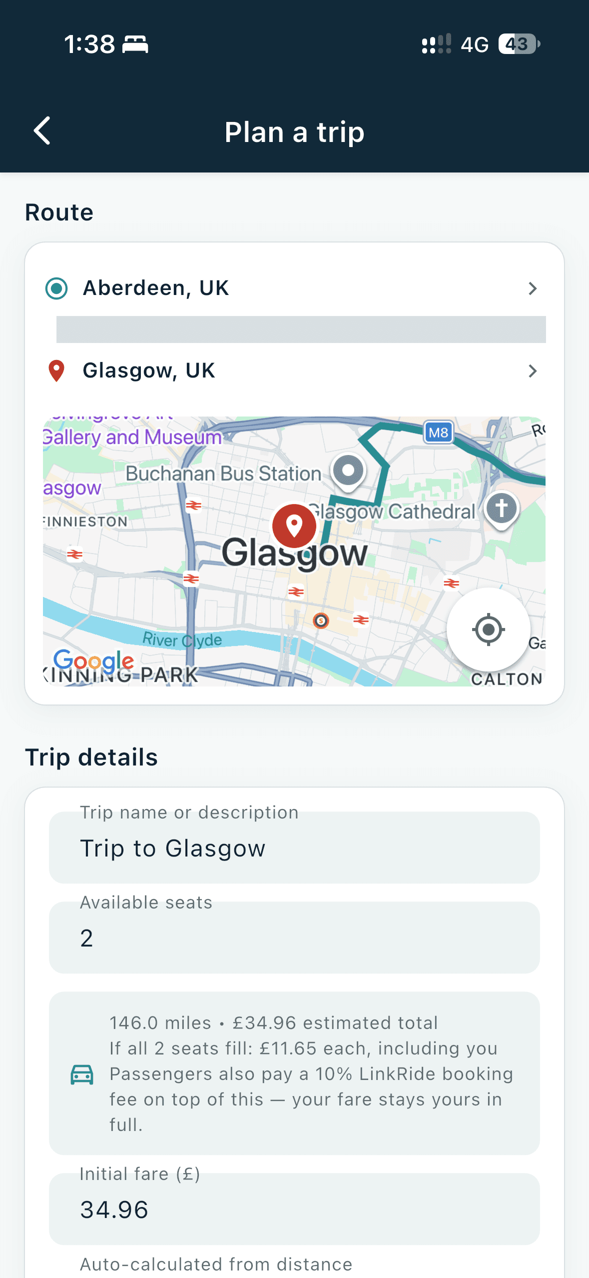 LinkRide trip creation screen with Aberdeen to Glasgow route, two seats, and an auto-calculated £34.96 total