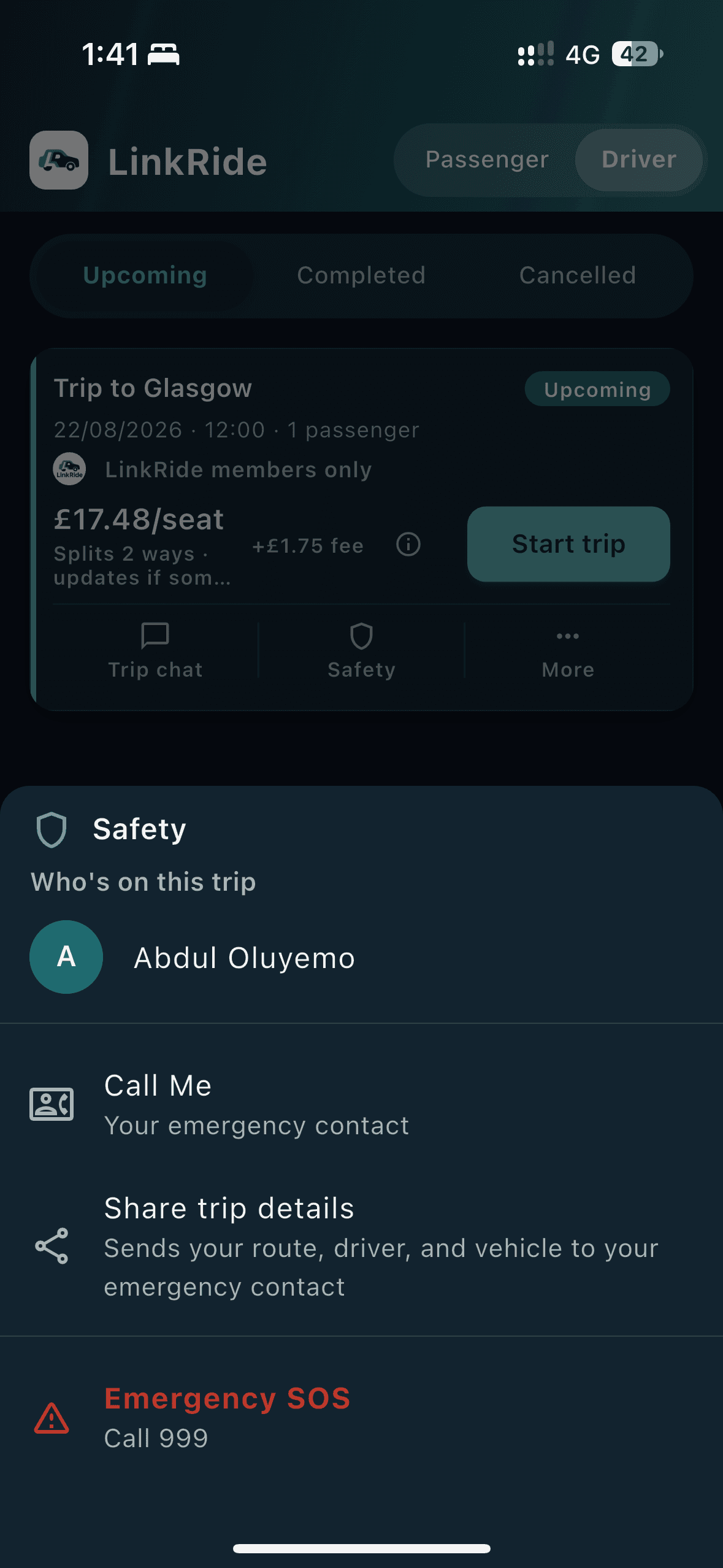 Safety sheet with who's on the trip, emergency contact, share trip details, and SOS
