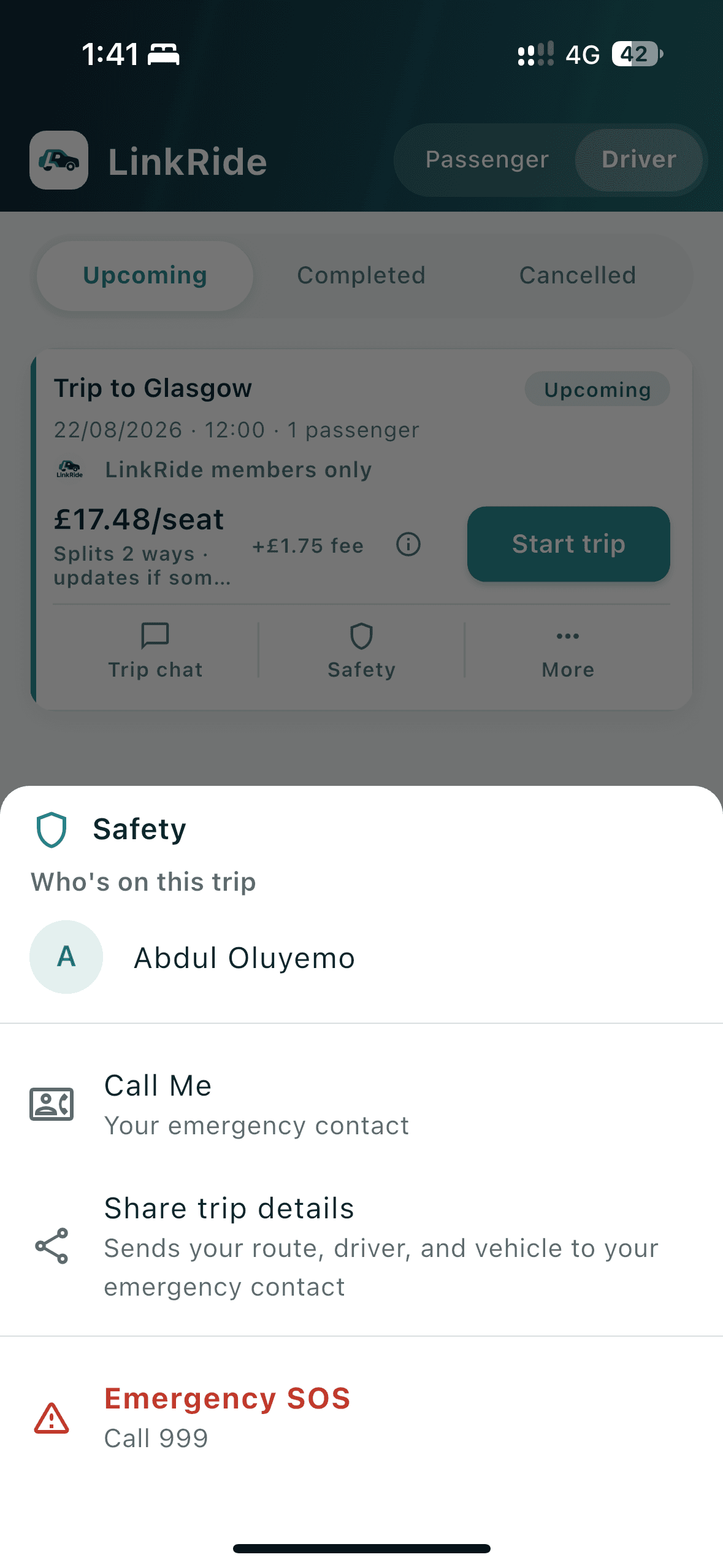 Safety sheet with who's on the trip, emergency contact, share trip details, and SOS