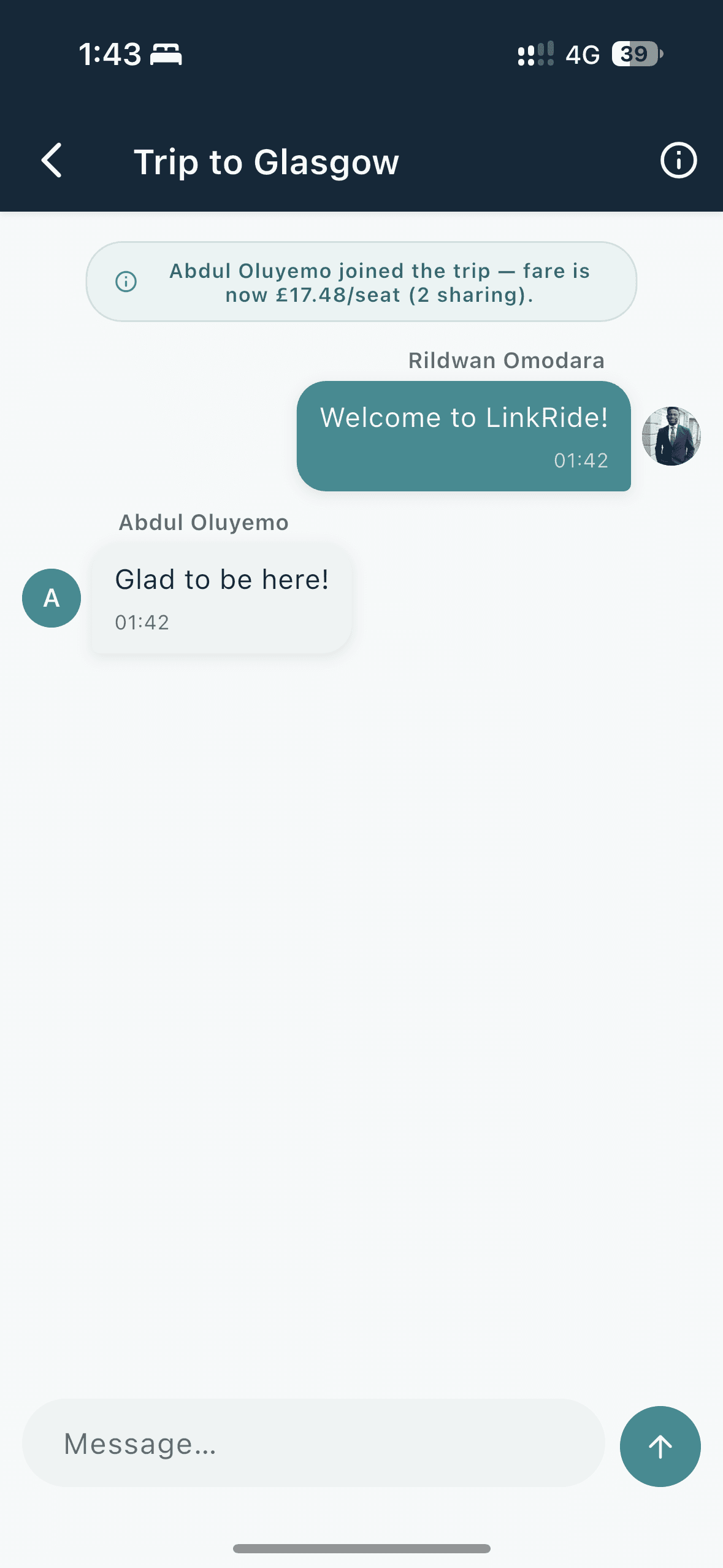LinkRide in-trip group chat with a live fare update after someone joins
