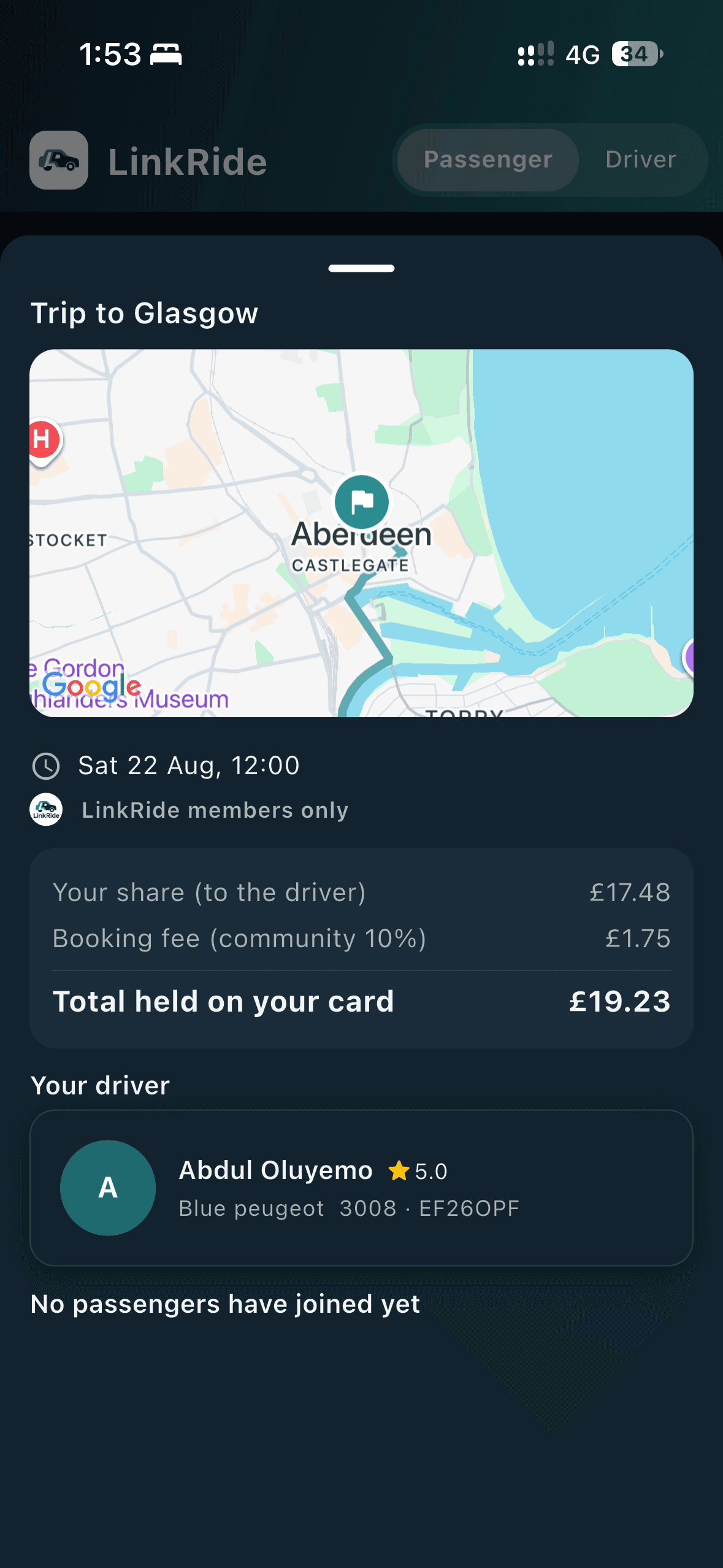 LinkRide trip preview showing the route, fare breakdown, and driver rating before you join