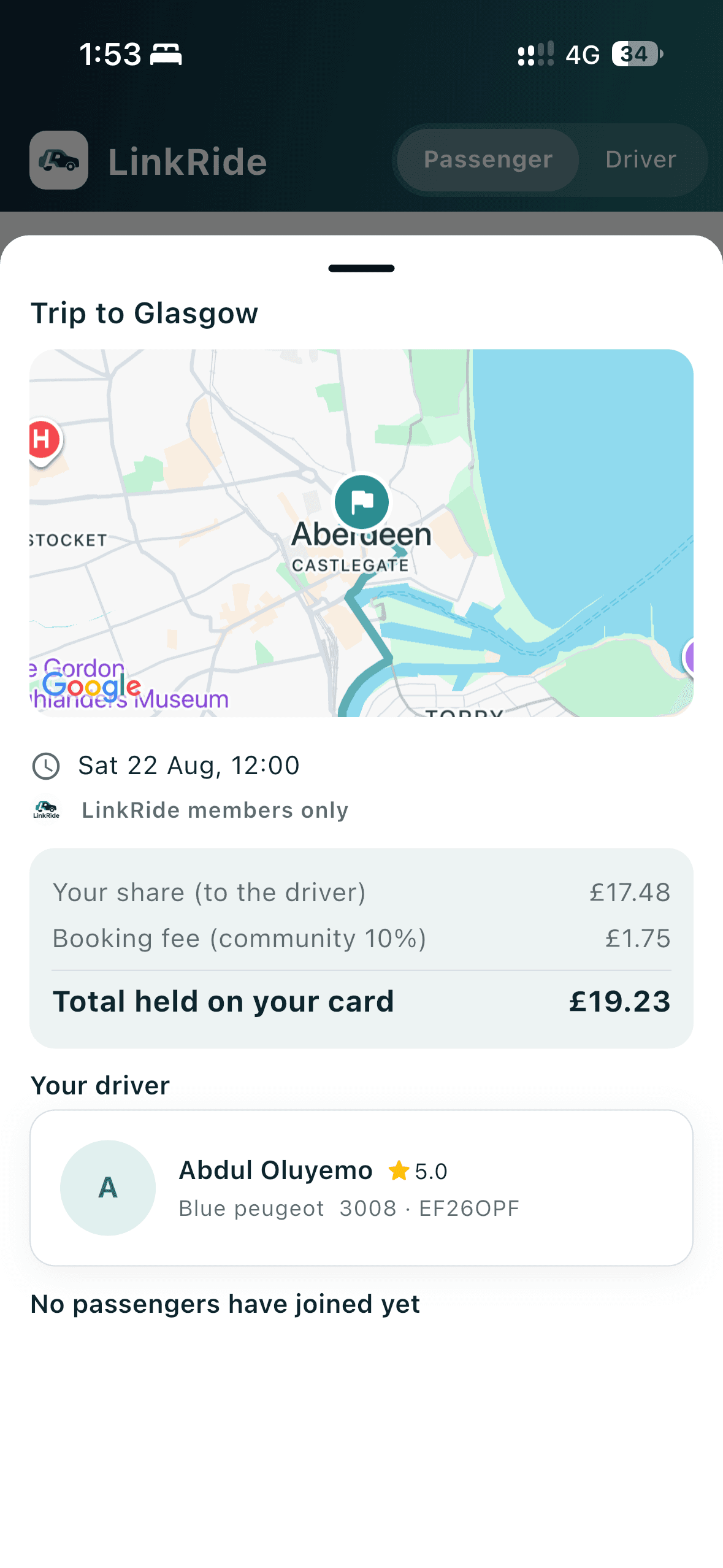 LinkRide trip preview showing the route, fare breakdown, and driver rating before you join