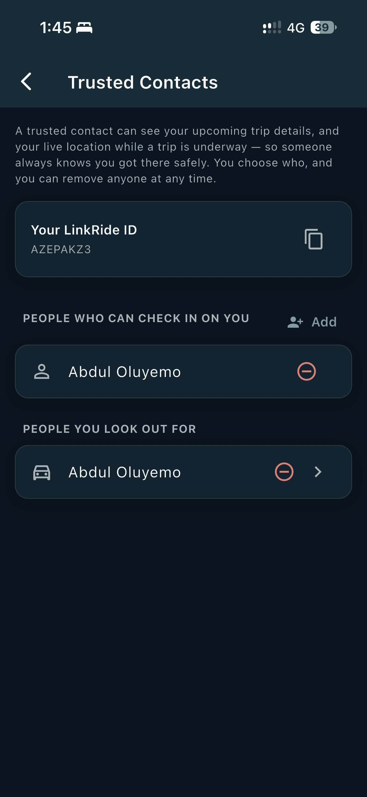 Trusted contacts screen with people who can check in on you and people you look out for